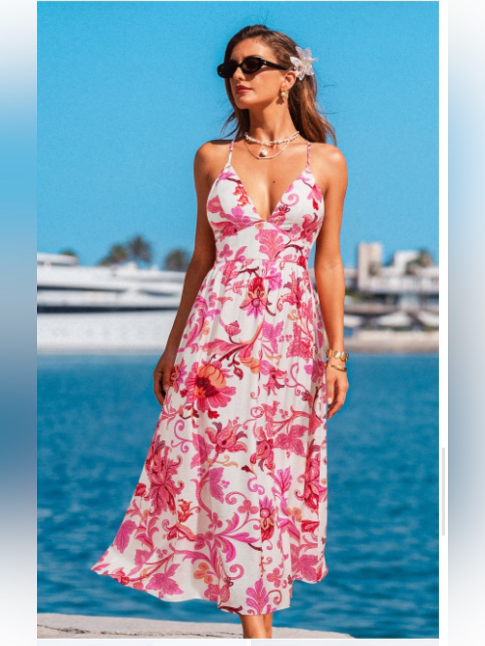 Cupshe Pink & White Floral V-Neck Maxi Dress